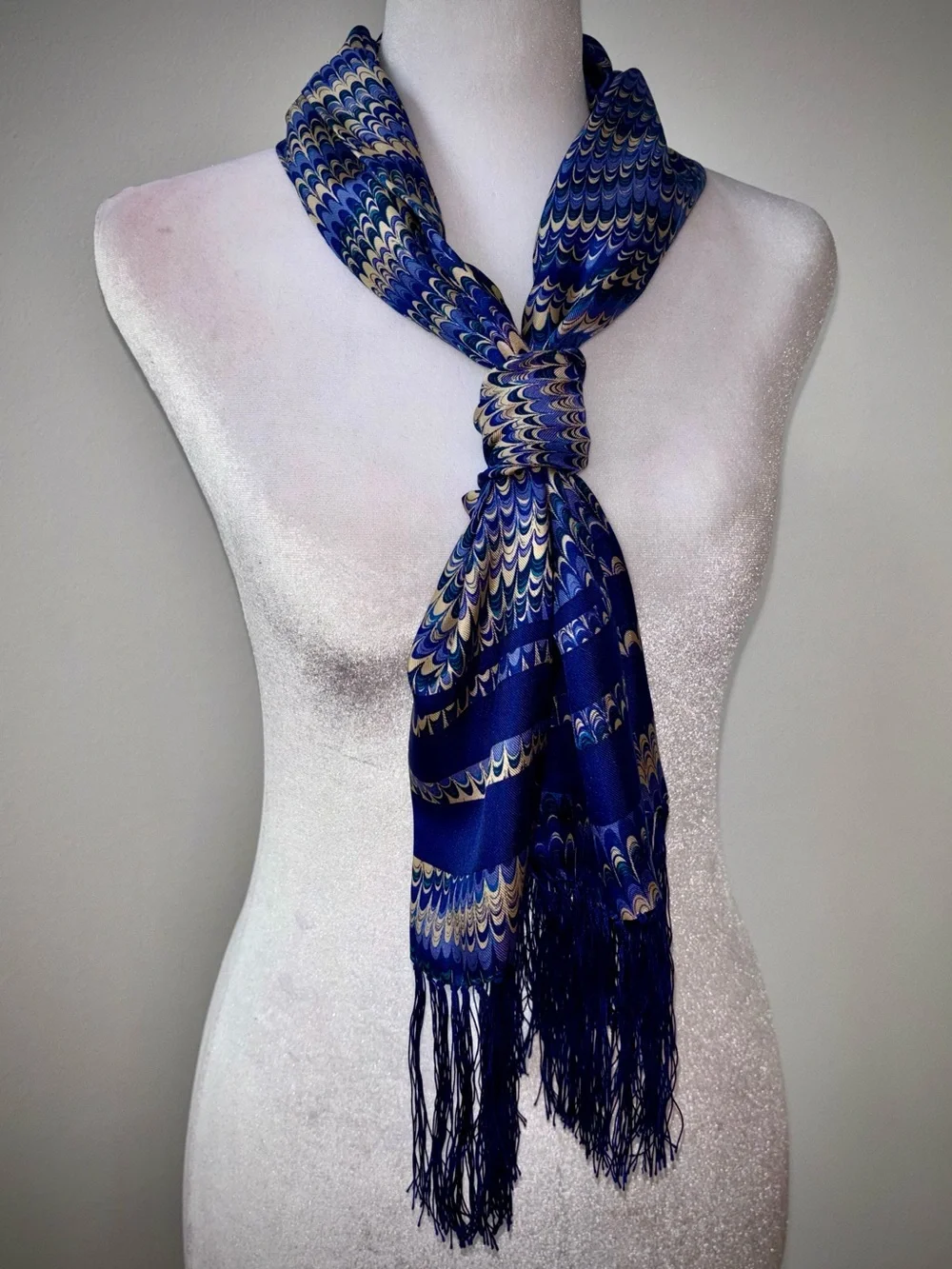 Perry Ellis Blue Art Deco Satin Fringe Scarf Vintage Glam Style